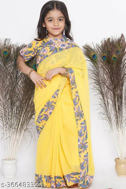 Floral print ready to wear saree and Floral blouse - Yellow