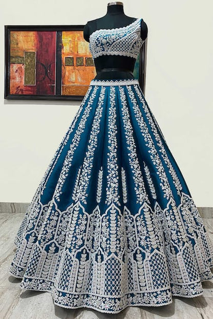 Blue Pure Silk Lining Chroma Embroidery Pearl One Bridal Lehenga Set