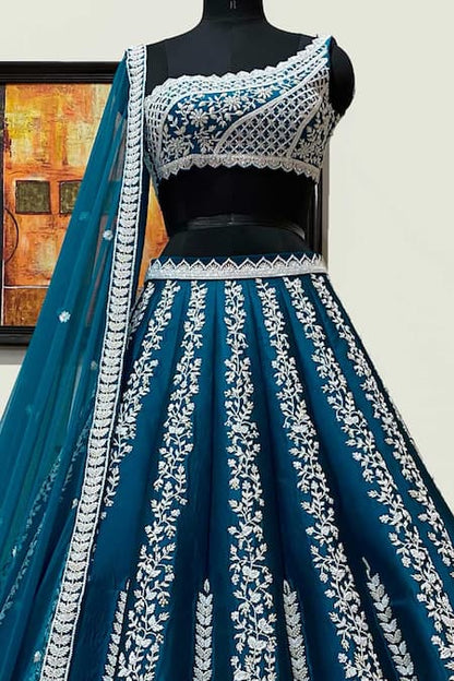 Blue Pure Silk Lining Chroma Embroidery Pearl One Bridal Lehenga Set