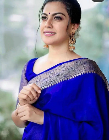 Celebrity Style Royal Blue Lichi Silk Saree for Wedding