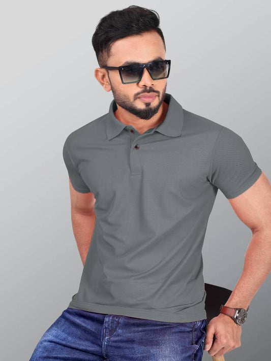 Men Solid Polo Neck Poly Cotton Grey T-Shirt