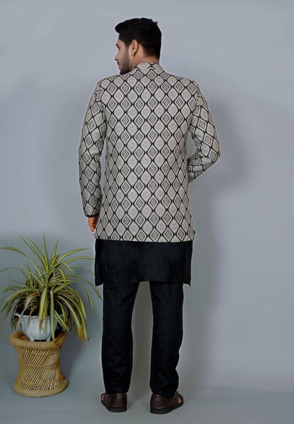 Men Jacquard Kurta Pyjama Ethnic Jacket Set