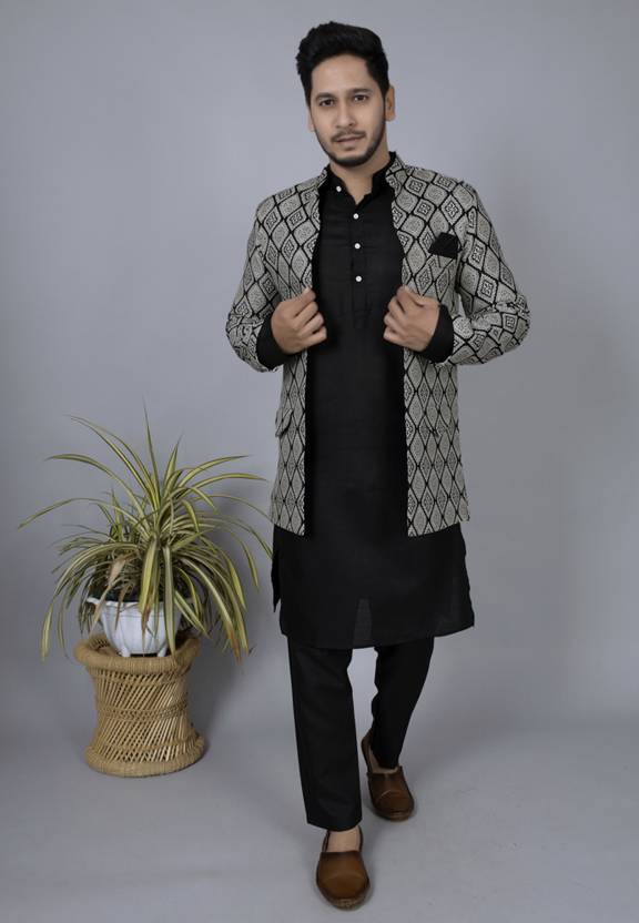 Men Jacquard Kurta Pyjama Ethnic Jacket Set