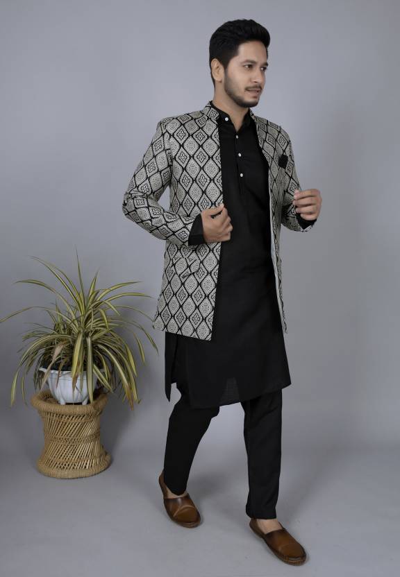 Men Jacquard Kurta Pyjama Ethnic Jacket Set