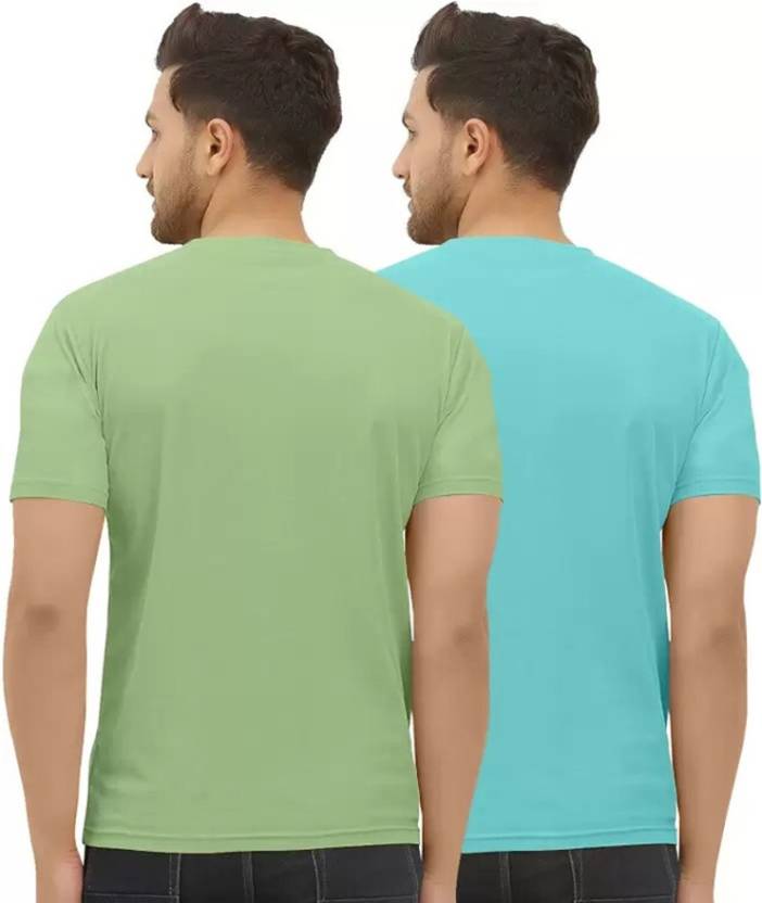 Pack of 2 Men Printed Round Neck Polyester Green, Blue T-Shirt