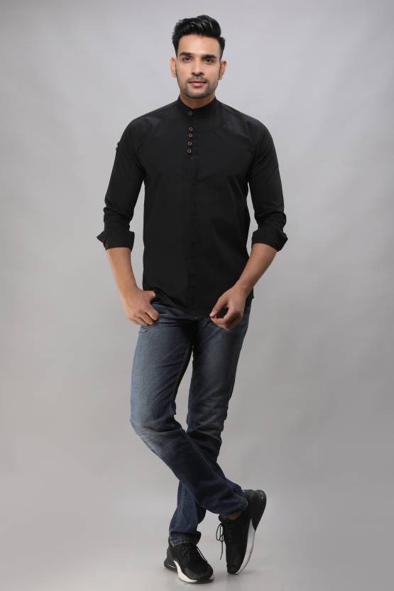 Men Slim Fit Solid Mandarin Collar Casual Shirt