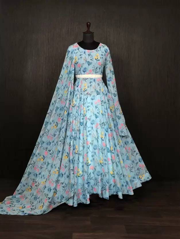 Women's Wear Sky Blue Colour Georgette Printed Flared Long Dress