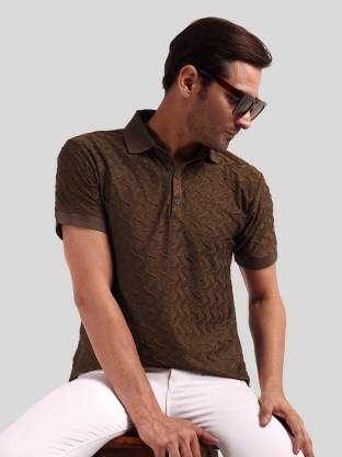 Men Self Design Polo Neck Poly Cotton Brown T-Shirt