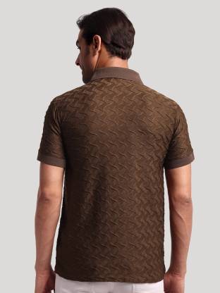 Men Self Design Polo Neck Poly Cotton Brown T-Shirt