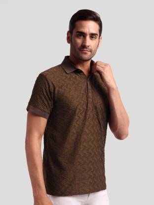 Men Self Design Polo Neck Poly Cotton Brown T-Shirt