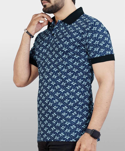 Men Printed Polo Neck Polyester Blue T-Shirt