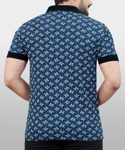 Men Printed Polo Neck Polyester Blue T-Shirt