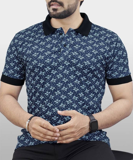 Men Printed Polo Neck Polyester Blue T-Shirt