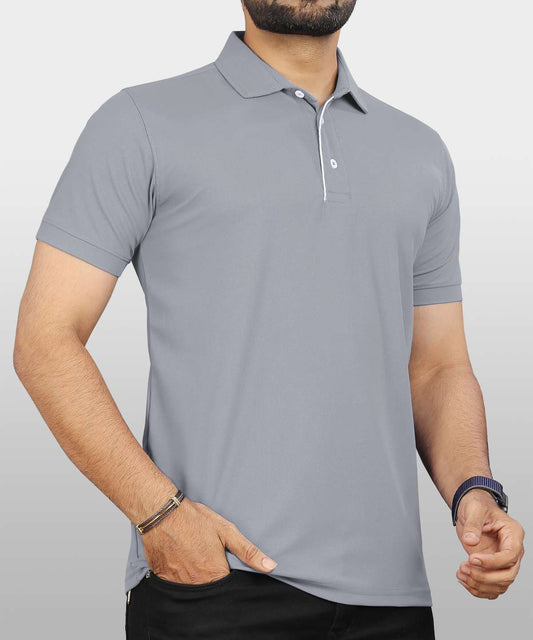 Solid Men Polo Neck Grey T-Shirt