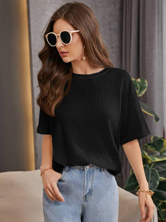 Women Self Design Round Neck Wool Blend Black T-Shirt