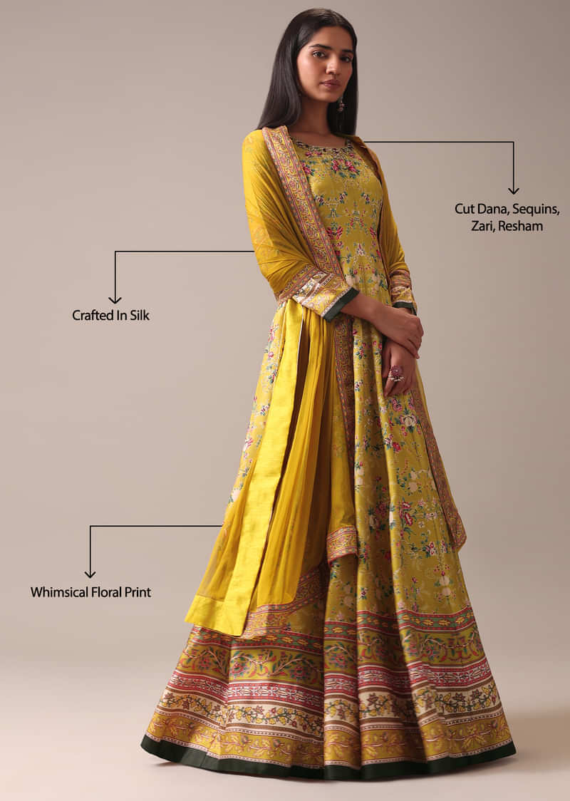 Yellow Floral Printed Anarkali Suit Set In Silk