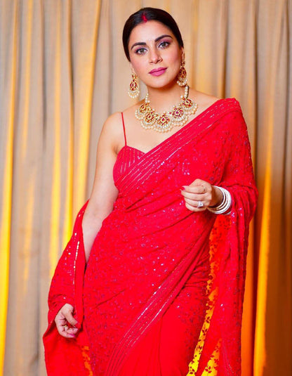 Shraddha Arya Red Georgette Wedding Wear Saree