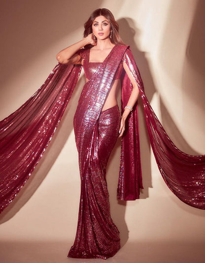 Shilpa Shetty Maroon Georgette Sequin Work Designer Saree