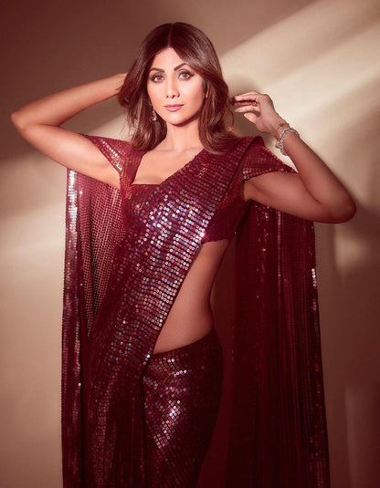 Maroon Georgette Sequin Work Designer Saree