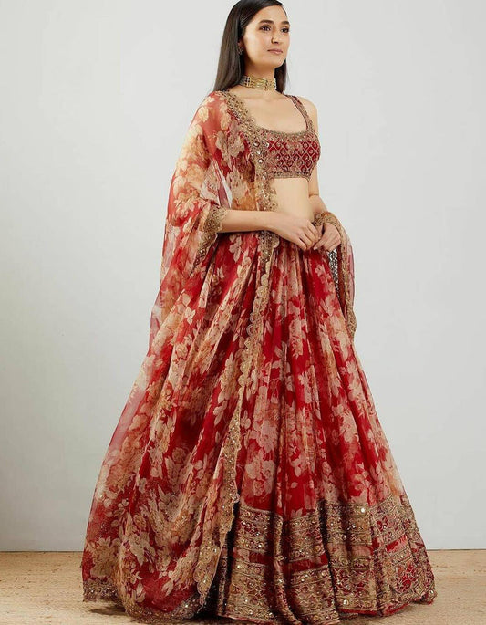 Red Georgette Floral Partywear Designer Lehenga Choli