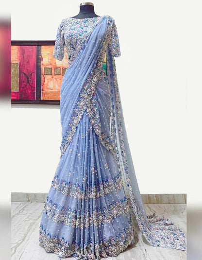 Sky Blue Butterfly Net Thread Work Wedding Wear Saree