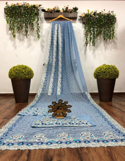 Sky Blue Butterfly Net Thread Work Wedding Wear Saree