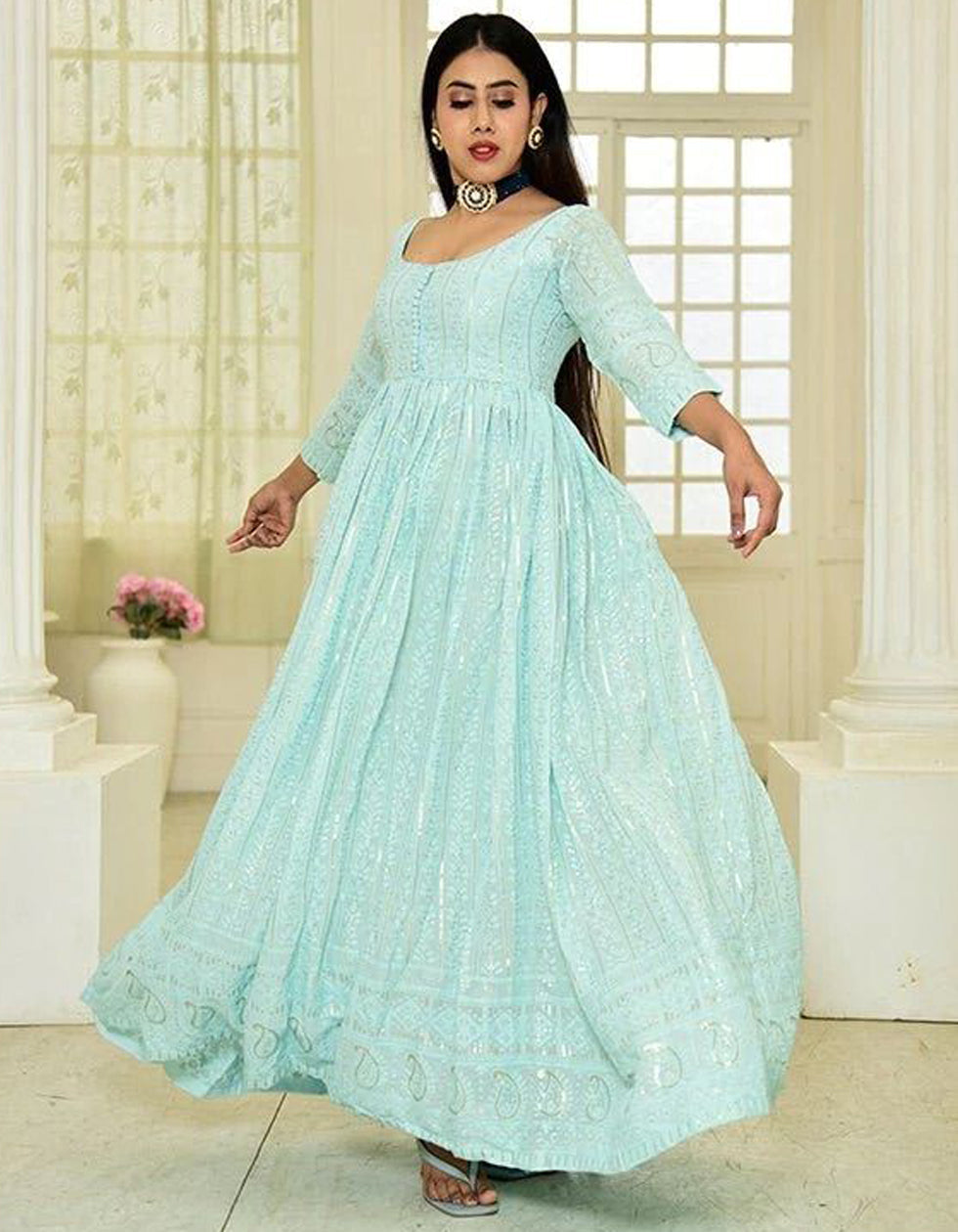 Sea Green Georgette Embroidery Partywear Anarkali Suit