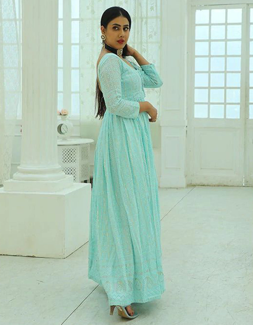 Sea Green Georgette Embroidery Partywear Anarkali Suit