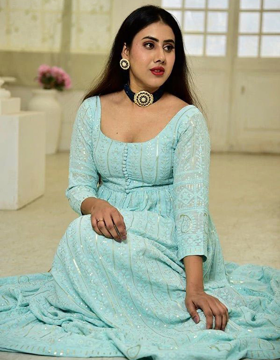 Sea Green Georgette Embroidery Partywear Anarkali Suit