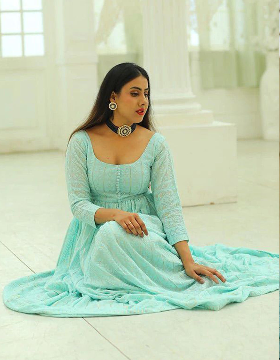 Sea Green Georgette Embroidery Partywear Anarkali Suit