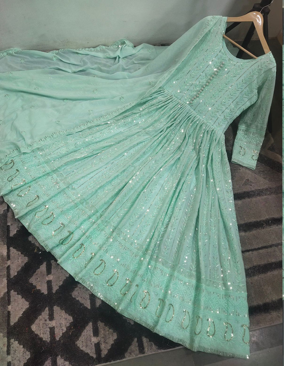 Sea Green Georgette Embroidery Partywear Anarkali Suit