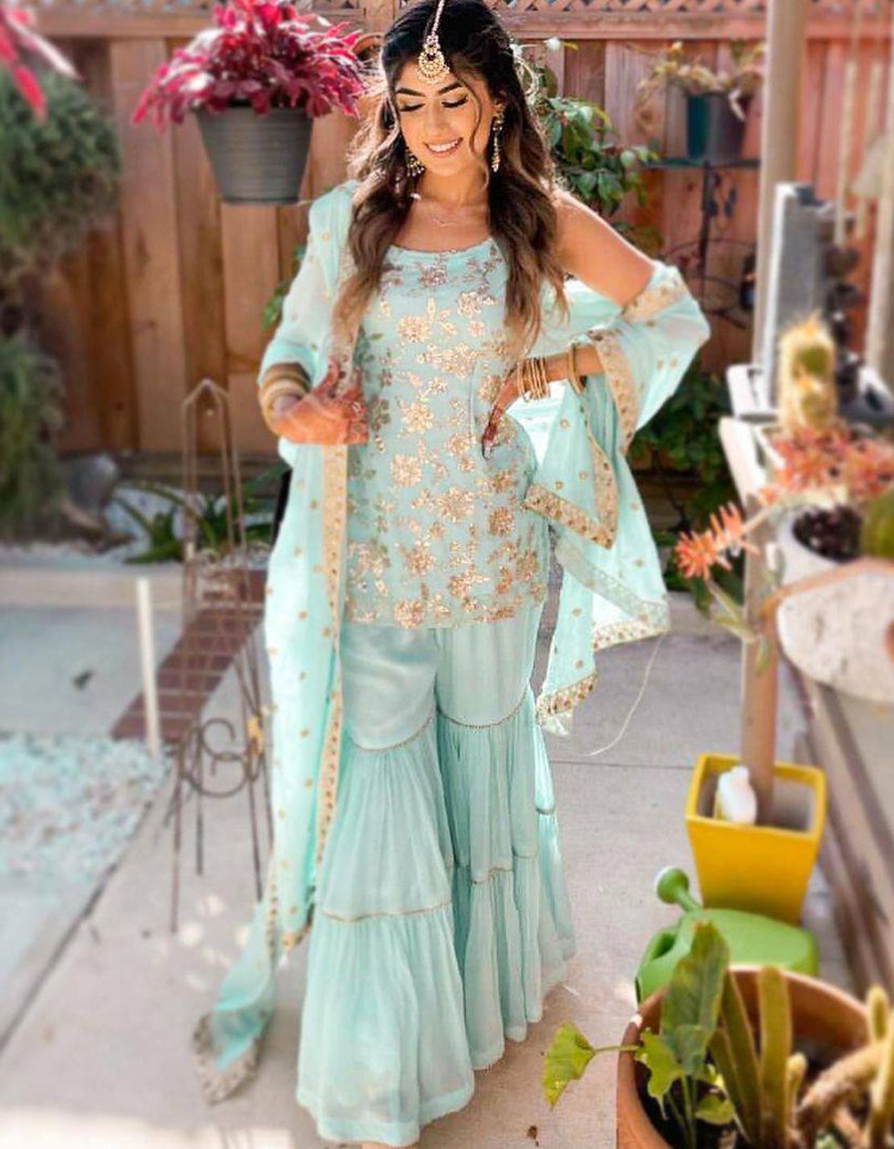 Sky Blue Georgette Embroidery Wedding Wear Sharara Suit