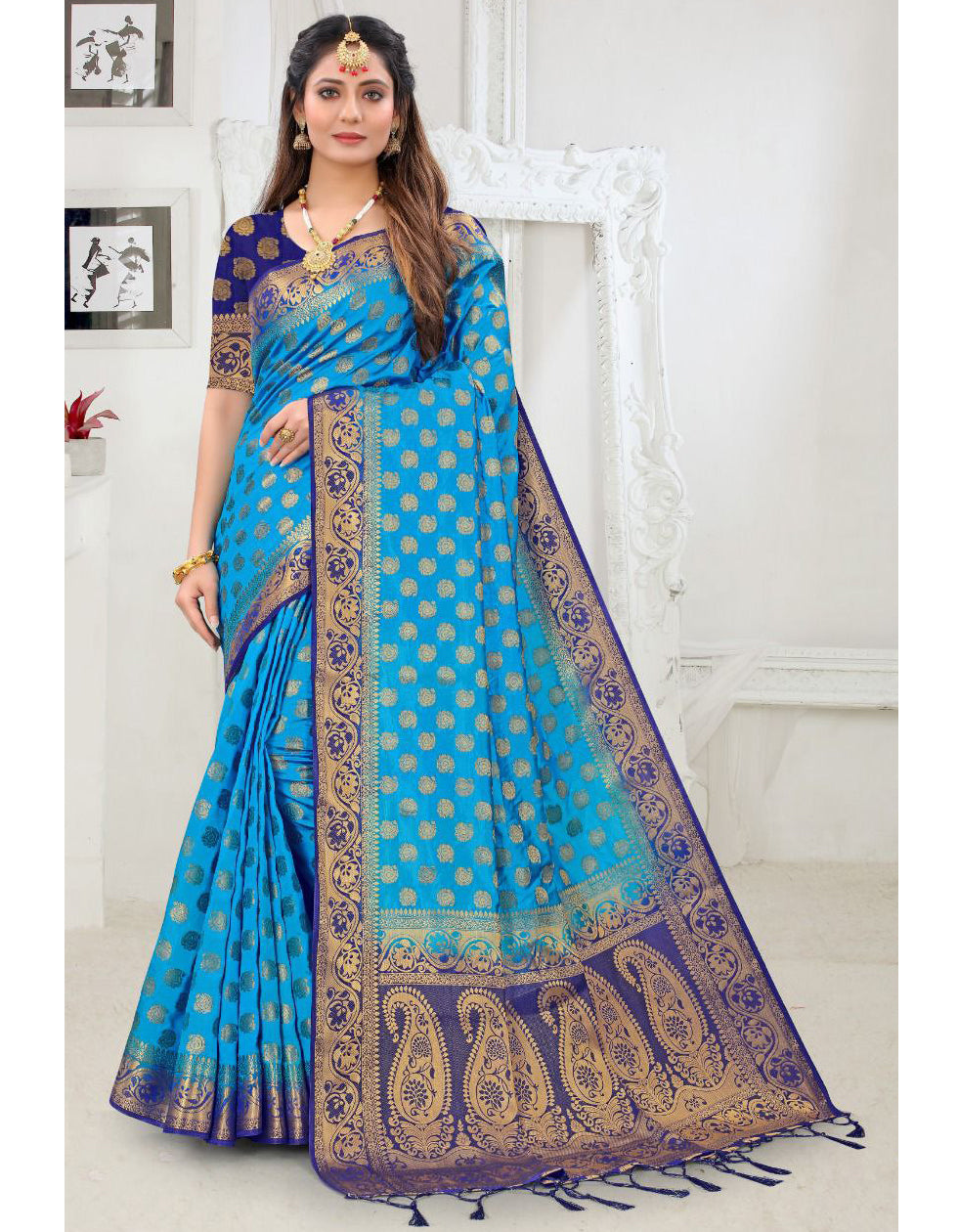 Sky Blue Lichi Silk Jari Work Saree For Women