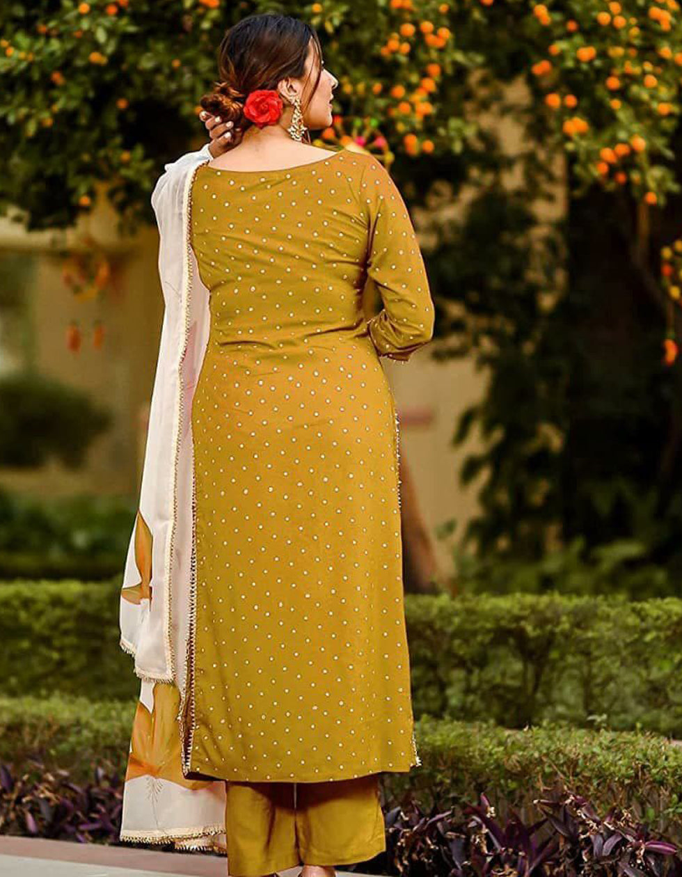 Yellow Rayon Casual Wear Salwar Suit With Printed Dupatta