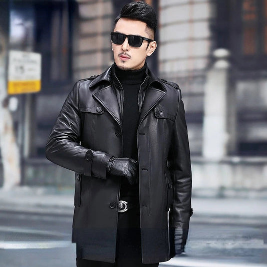 MEN'S WINTER CASUAL TOP LAYER SHEEPSKIN LEATHER SINGLE BREASTED JACKET