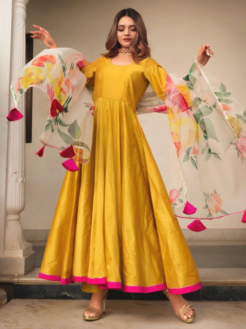 Mustard Yellow Cotton Silk Anarkali Suit with Printed Dupatta