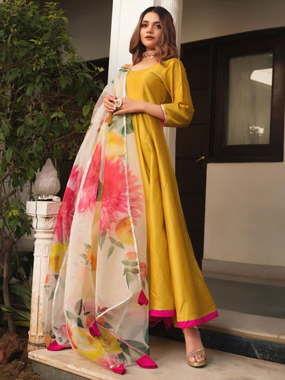 Mustard Yellow Cotton Silk Anarkali Suit with Printed Dupatta