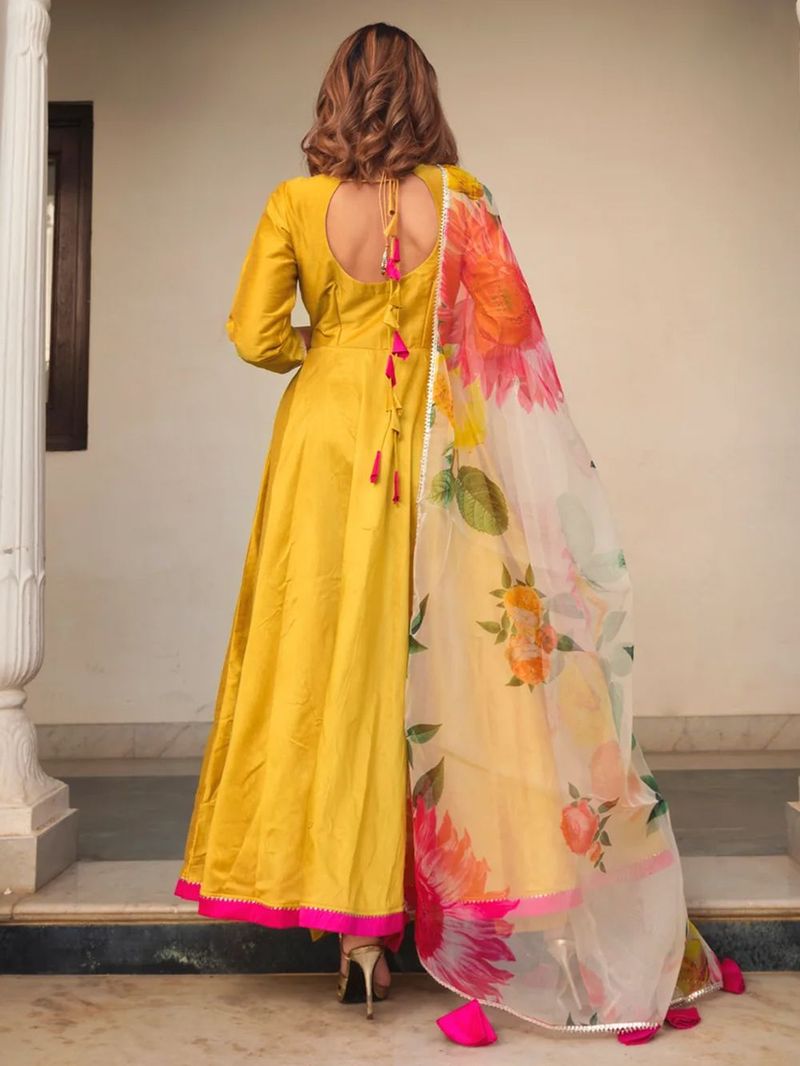 Mustard Yellow Cotton Silk Anarkali Suit with Printed Dupatta