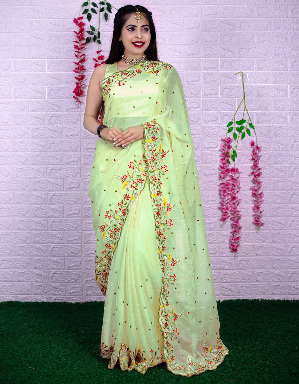 Pista Chiffon Embroidery Partywear Saree