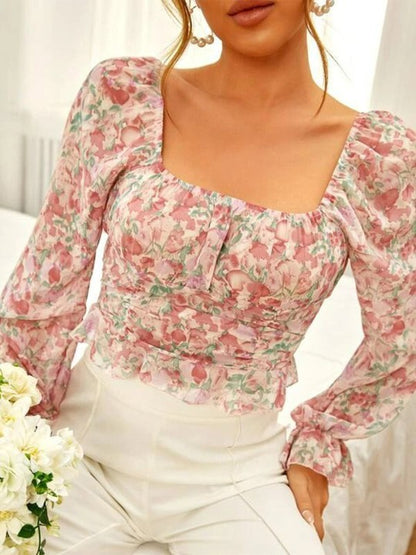 Floral Printed Square Neck Ruffled Sleeve Top