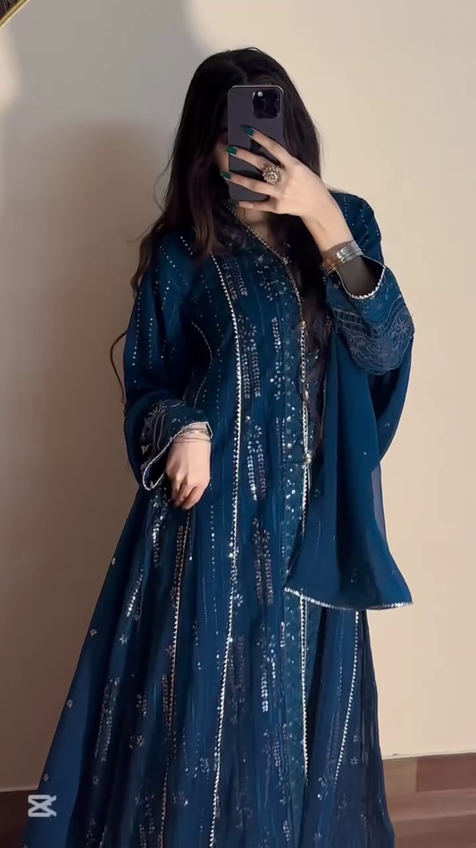 Embroidered Semi Stitched Kurti  (Blue)