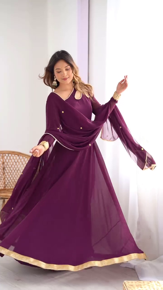 Round Neck Long Sleeves Georgette Anarkali Gown Kurta With Pant & Dupatta