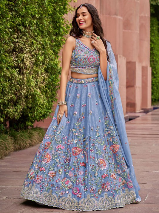 Embroidered Sequinned Semi-Stitched Lehenga & Unstitched Blouse With Dupatta