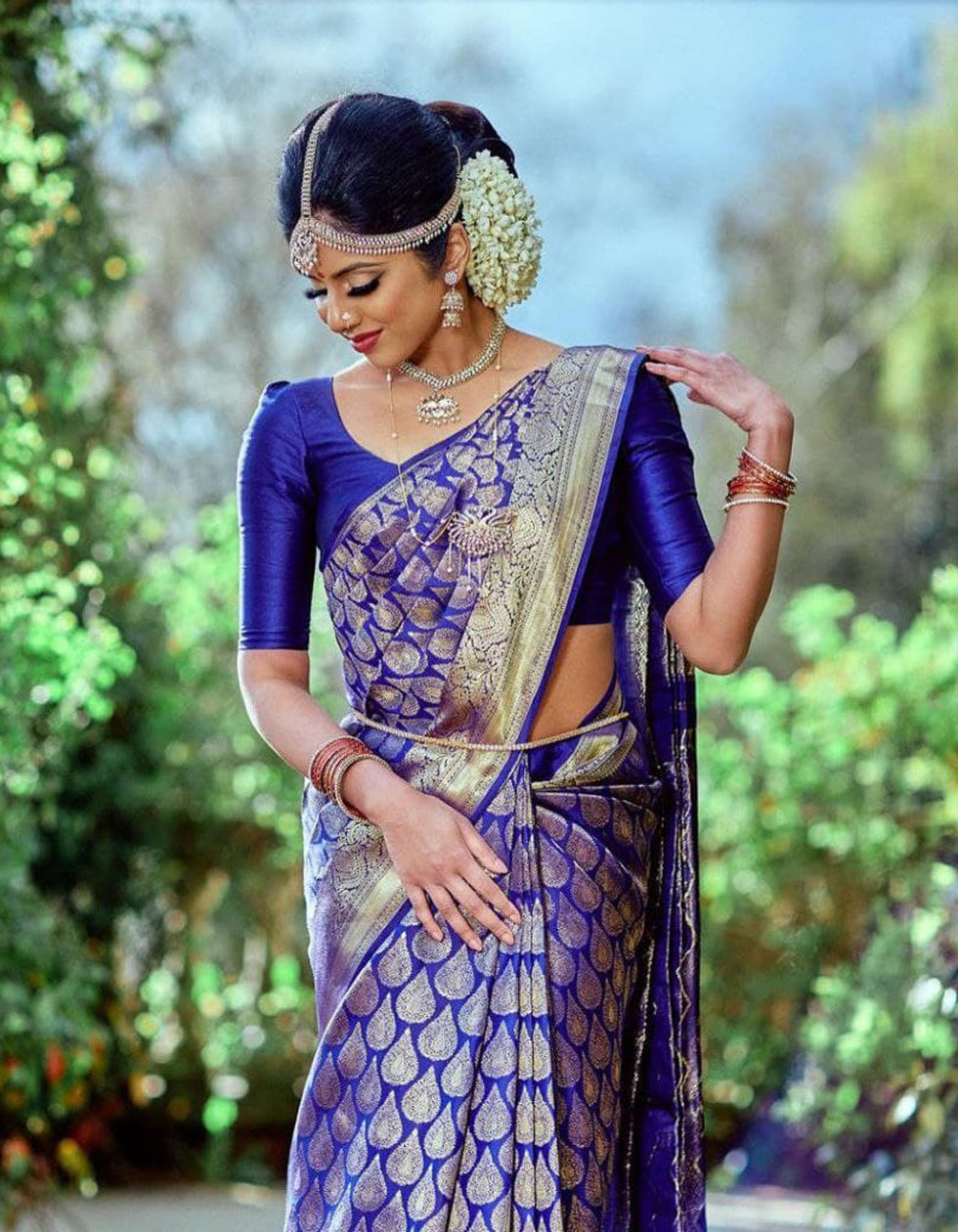 Royal Blue Soft Lichi Jari Work Bridal Wear Saree