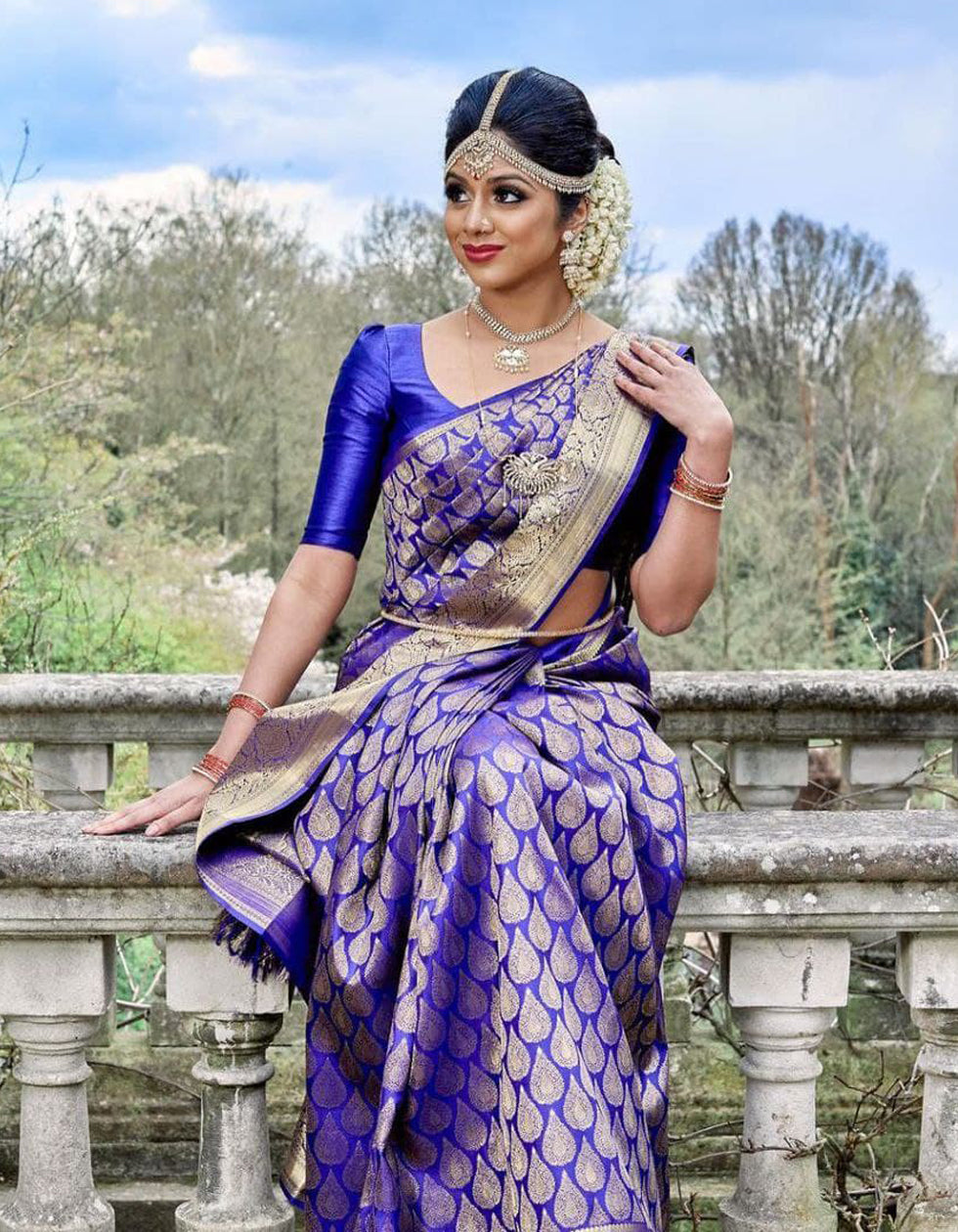 Royal Blue Soft Lichi Jari Work Bridal Wear Saree