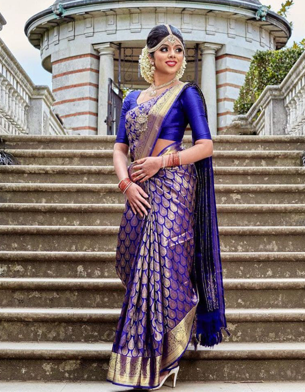 Royal Blue Soft Lichi Jari Work Bridal Wear Saree