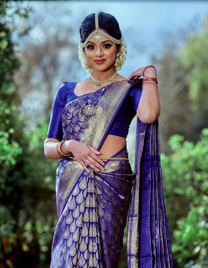 Royal Blue Soft Lichi Jari Work Bridal Wear Saree