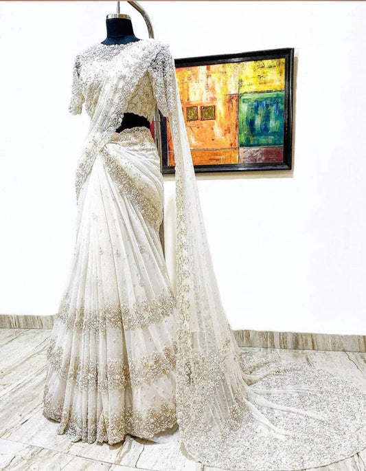 White Butterfly Net Thread Work Wedding Wear Saree