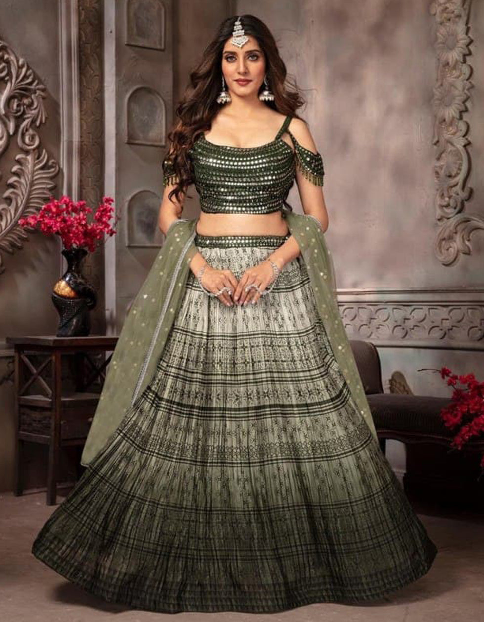 White Chinnon Silk Tread Work Lehenga With Green Designer Blouse