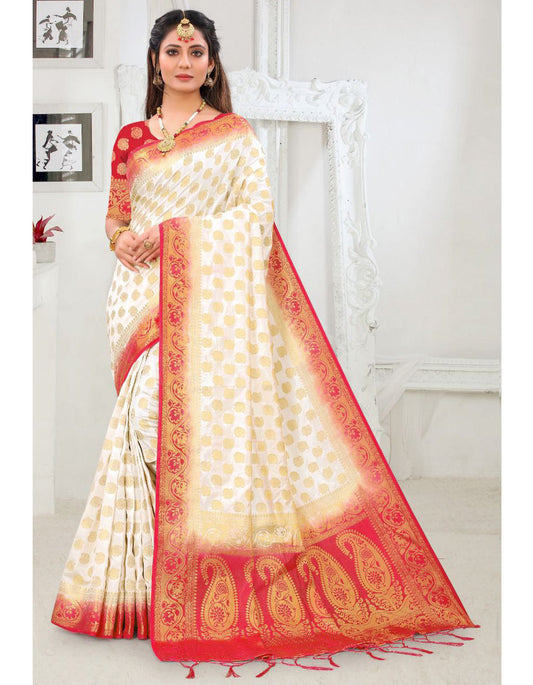 White Lichi Silk Jari Work Saree For Women